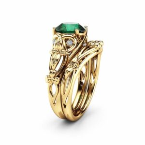 Natural Emerald Shamrock Celtic Knot Engagement Ring Set 14K Yellow Gold Emerald Ring Irish Engagement Ring with Matching Band