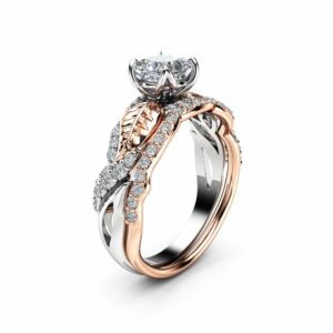Princess Moissanite Engagement Ring 14K Two Tone Gold Engagement Rings Leaf Moissanite Ring
