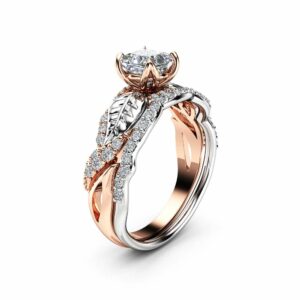 Princess Moissanite Engagement Ring 14K Two Tone Gold Engagement Rings Leaf Moissanite Ring with Matching Band