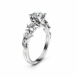 Moissanite Engagement Ring 14K White Gold Moissanite Ring Unique Flower Design