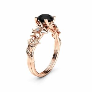 Black Diamond Engagement Ring 14K Rose Gold Diamond Ring Unique Flower Design Ring