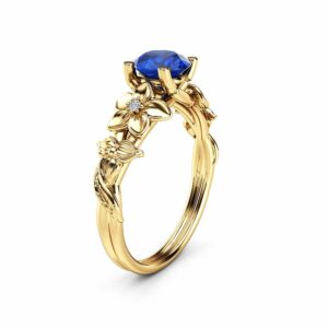 Blue Sapphire Engagement Ring 14K Yellow Gold Sapphire Ring Unique Flower Design Ring