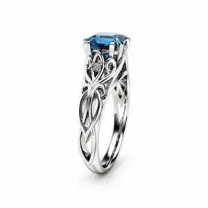 Art Deco Princess Topaz Engagement Ring 14K White Gold Engagement Ring Victorian Blue Topaz Ring