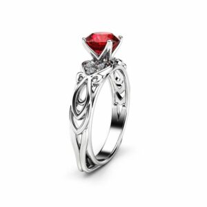 Swirled Ruby Engagement Ring White Gold Heart Band Moissanite Wedding Ring