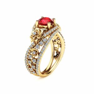 Natural Ruby 18K Yellow Gold Ring Floral Design Engagement Ring Art Deco Styled Ruby Ring