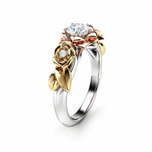Moissanite Engagement Ring Rose Engagement Ring Moissanite Gold Ring Three Tone Gold Ring
