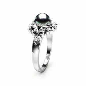 Black Pearl Engagement Ring White Gold Ring Vintage Engagement Ring Gold Pearl Ring