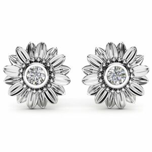 Sunflower Diamond Earrings 14K White Gold Bridal Jewelry Nature Inspired Stud Earrings Anniversary Gift