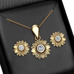 Sunflower Diamond Pendant and Earrings 14K Yellow Gold Jewelry Set Anniversary Floral Pendant and Earrings