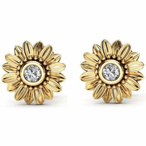 Gold Diamond Earrings 14K Yellow Gold Bridal Jewelry Bridesmaid Sunflower Jewelry Set