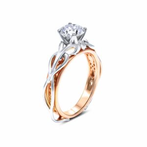 Solitaire Moissanite Engagement Ring 14K Two Tone Gold Moissanite Ring Swirl Design Engagement Ring