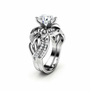 Art Deco White Gold Diamonds and Moissanite Bridal Ring Set