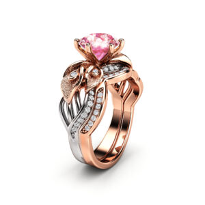 Vintage Floral Rose Gold Pink Moissanite Bridal Ring Set