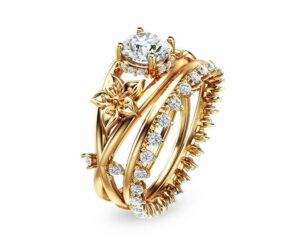 Moissanite Flower Engagement Ring Set 14K Yellow Gold Flower Ring Engagement Ring with Eternity Diamond Band