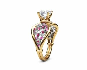 14K Two Tone Gold Moissanite Ring Unique Flower Engagement Ring Moissanite Gemstone Ring