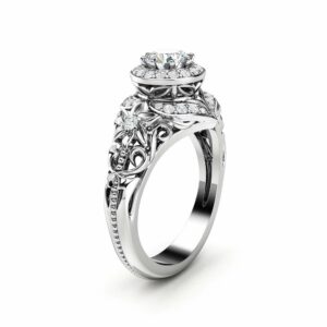Diamond Engagement Ring Halo Ring 14K White Gold Vintage Filigree Engagement Ring