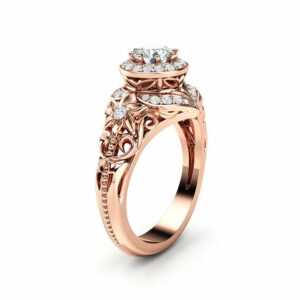 Diamond Engagement Ring Halo Ring 14K Rose Gold Ring Floral Filigree Engagement RingEngagement Ring