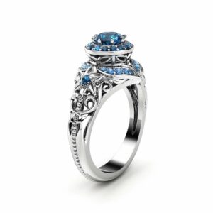 Blue Diamond Ring Unique Engagement Ring 14K White Gold Ring Natural Diamond Ring