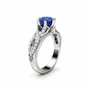 Blue Sapphire Engagement Ring 1.5 Carat Ring 14K White Gold Ring Milgrain Engagement Ring