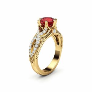 Ruby Engagement Ring Vintage Engagement Ring 14K Yellow Gold Ring Milgrain Ring