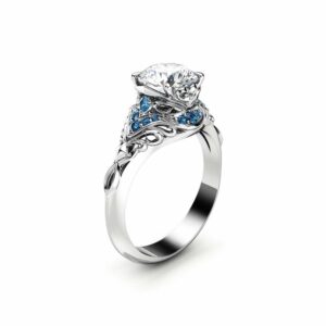 Moissanite Engagement Ring Blue Diamonds Ring 14K White Gold Ring Unique Engagement Ring