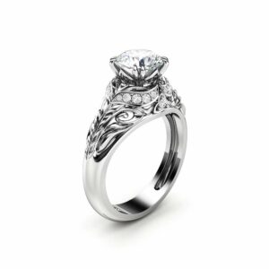Moissanite Engagement Ring 14K White Gold Ring Round Moissanite Ring Halo Engagement Ring