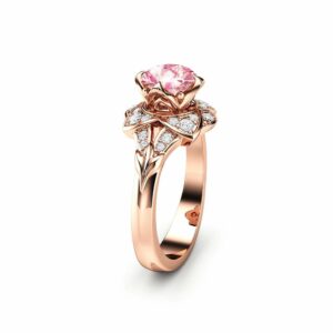 Pink Moissanite Engagement Ring 14K Rose Gold Moissanite Ring Unique Engagement Ring