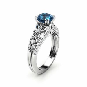 Blue Diamond Engagement Ring 14K White Gold Unique Diamonds Engagement Ring Art Deco Ring