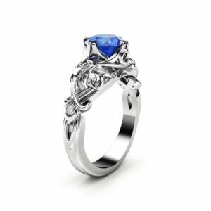 Sapphire Engagement Ring White Gold Ring Art Deco Engagement Ring