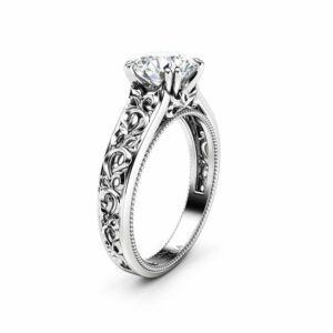 Moissanite Engagement Ring 14K White Gold Solitaire Ring Unique Miligrain Ring Anniversary Gift