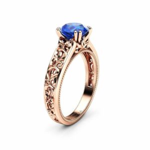 Blue Sapphire Engagement Ring Art Deco Solitaire Ring 14K Rose Gold Ring September Birthstone Ring