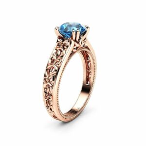 Blue Diamond Engagement Ring 14K Rose Gold Ring Art Deco Diamond Ring Vintage Engagement Ring
