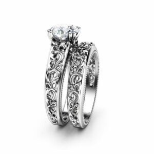 Unique Engagement Ring Set 14K White Gold Moissanite Engagement Ring Art Deco Bridal Set