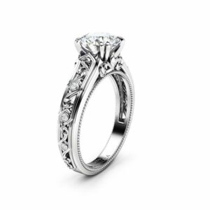 Moissanite Engagement Ring White Gold Ring Unique Art Deco Milgrain Engagement Ring