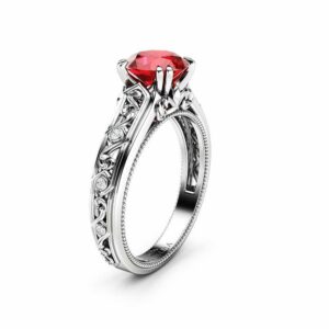 Ruby Engagement Ring White Gold Ring Unique Art Deco Milgrain Engagement Ring