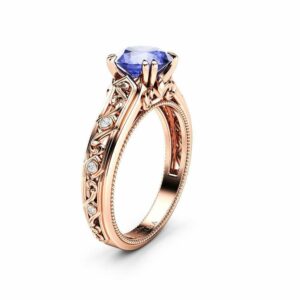 Tanzanite Engagement Ring Rose Gold Ring Unique Art Deco Milgrain Engagement Ring