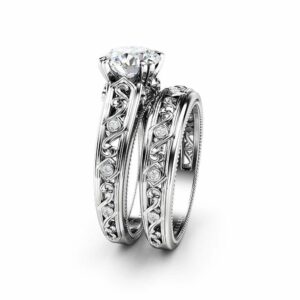 Moissanite Engagement Ring Set 14K White Gold Rings Moissanite Wedding Set Art Deco Bridal Set