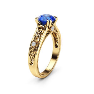 Vintage Sapphire Engagement Ring Yellow Gold Ring Unique Art Deco Engagement Ring