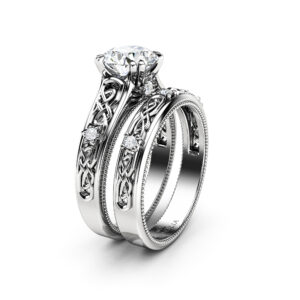 White Gold Moissanite Engagement Ring Set-Engagement Rings-Unique Moissanite Ring with Matching Band-Forever One Bridal Set