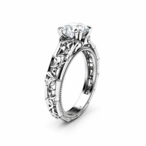 Moissanite Engagement Ring White Gold Solitaire Ring Unique Ring Miligrain Ring Anniversary Gift