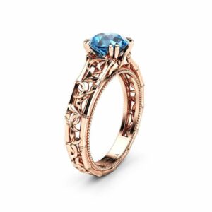 Blue Diamond Engagement Ring Rose Gold Solitaire Ring Unique Ring Miligrain Ring Anniversary Gift