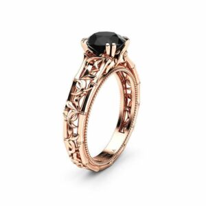 Black Diamond Engagement Ring Rose Gold Solitaire Ring Unique Ring Miligrain Ring Anniversary Gift