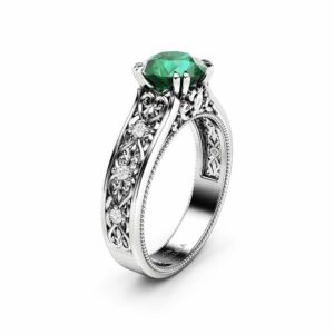 Emerald Engagement Ring 14K White Gold Ring Unique Art Deco Engagement Ring