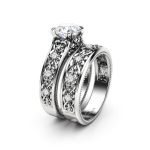 Vintage Moissanite Engagement Ring Set 14K White Gold Ring with Matching Band Art Deco Engagement Ring Set