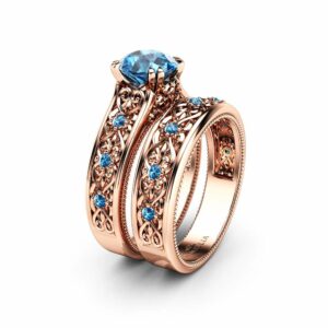 Blue Diamond Wedding Ring Set 14K Rose Gold Ring with Matching Band Art Deco Engagement Ring Set