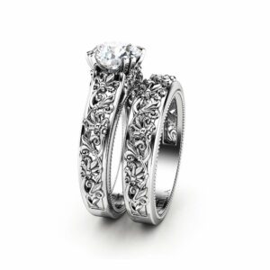Unique Engagement Ring Set 14K White Gold Bridal Set Unique Wedding Set Leaf Ring Set