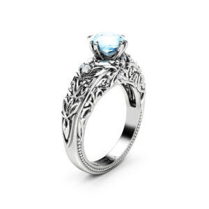 Aquamarine Engagement Ring Gemstone and Natural Diamonds Ring Unique 14K White Gold Engagement Ring