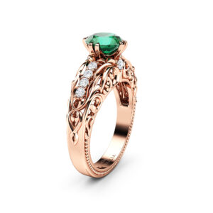 Emerald Engagement Ring 14K Rose Gold Ring Alternative Art Nouveau Designed Ring Natural Gemstone Engagement Ring