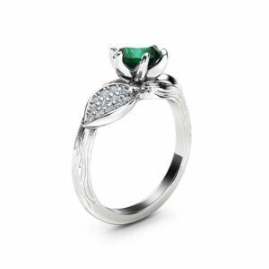 Emerald Leaf Engagement Ring 14K White Gold Engagement Ring Branch and Leaf Emerald Ring