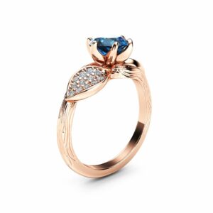 Blue Diamond Leaf Engagement Ring 14K Rose Gold Engagement Ring Branch and Leaf Diamond Ring